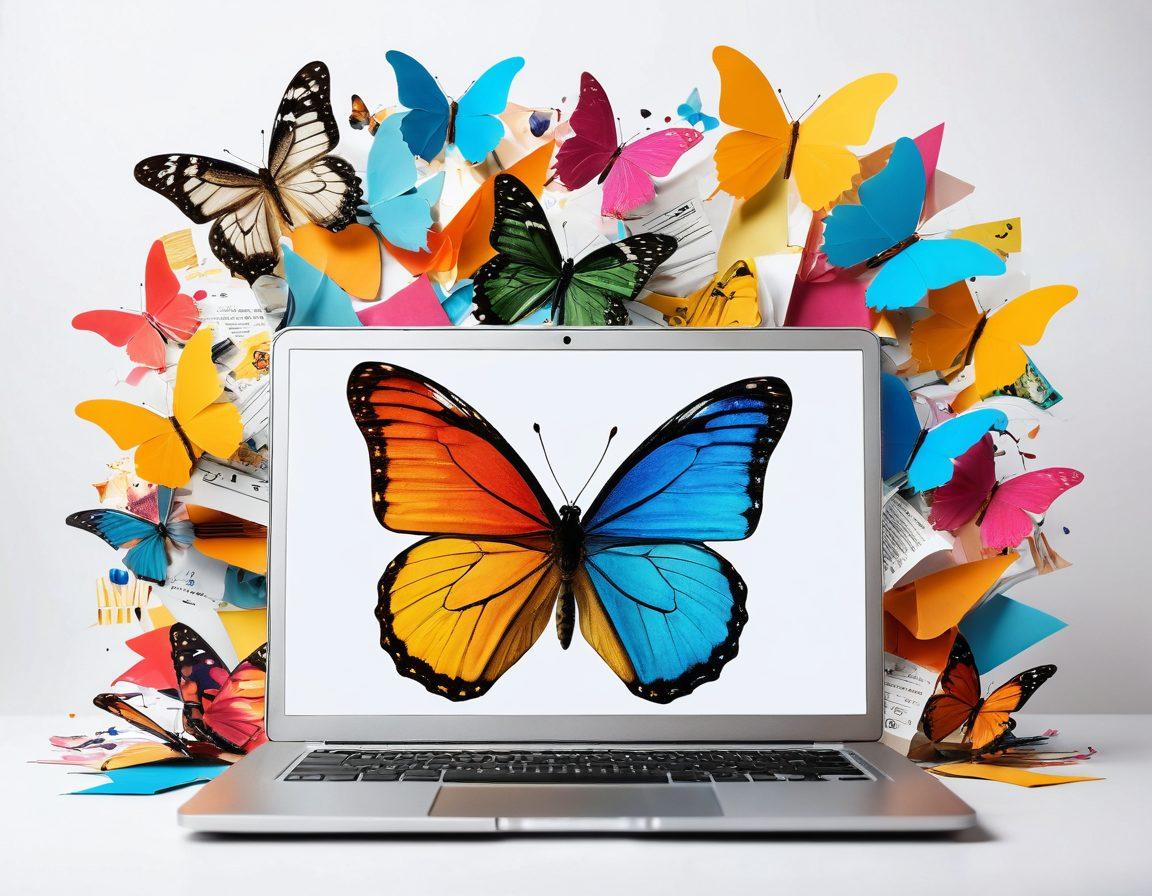 A vibrant collage symbolizing transformation in blogging, featuring a butterfly emerging from a laptop screen, surrounded by colorful notes, digital tools, and diverse content creators brainstorming. The scene is infused with dynamic energy, reflecting growth and innovation in blogging experiences. super-realistic. vibrant colors. subtle white background.