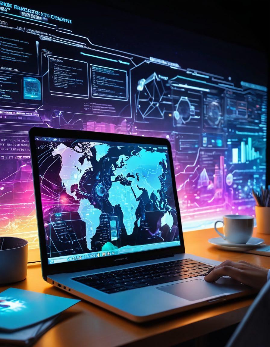 A futuristic digital landscape filled with vibrant data streams and glowing insights, symbolizing the power of blogging and knowledge sharing. In the foreground, an open laptop emits a holographic display of key trends and statistics, surrounded by diverse individuals immersed in creativity and collaboration. The atmosphere is bright and engaging, conveying a sense of innovation and community. surrealistic. vibrant colors. 3D.