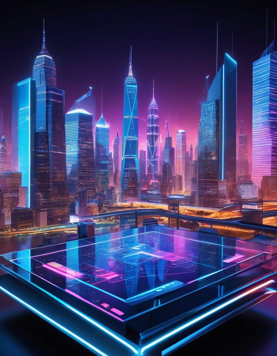 A futuristic digital landscape showcasing a sleek, modern city skyline with vibrant neon lights, symbolizing innovation and progress in blogging. Incorporate abstract representations of social media icons and graphs highlighting growth and trends in the blogging community. Include a diverse group of bloggers discussing ideas around a holographic table. super-realistic. vibrant colors. 3D.